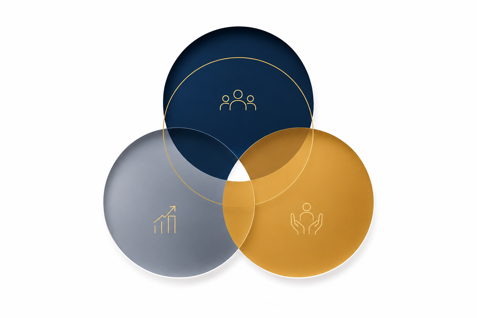 Venn diagram showing three overlapping circles representing people, growth and support